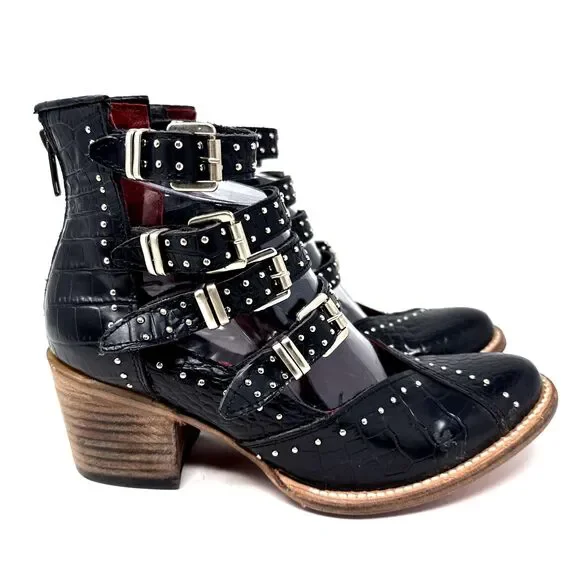 Freebird Felicity Strappy Studded Buckle Bootie Womens 8 Black Leather Red Sole - Picture 4 of 16